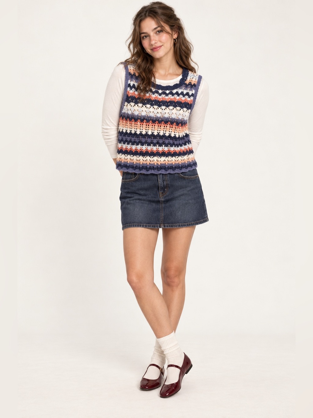 Universal Thread XS Multicolor Striped Open-Knit Crochet Sweater Vest
